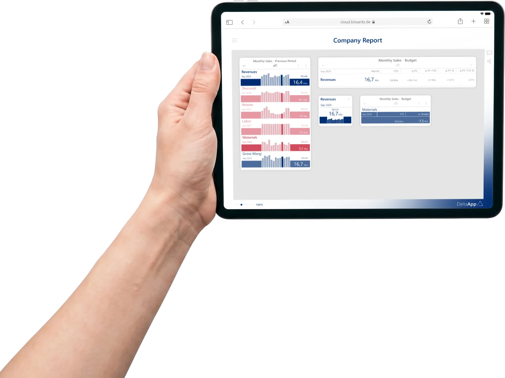 DeltaApp Web mit mehreren Dashboards auf einer Portalseite im Browser